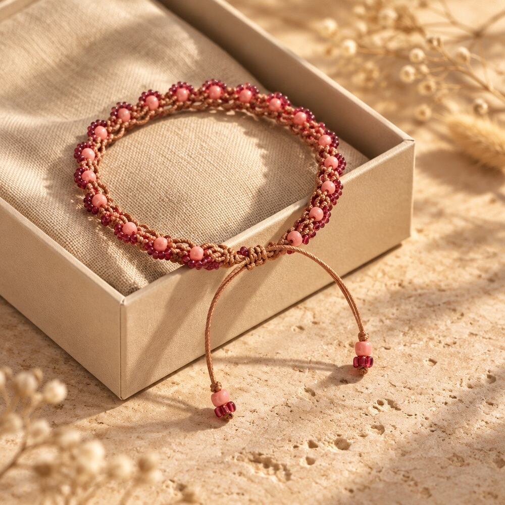 ✨ HANDCRAFTED PINK GEMSTONE MICRO-MACRAME SCALLOP ANKLET ✨